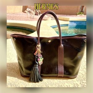 Hermes Garden Party Pm Buffalo Leather Tote Black and Bordeaux